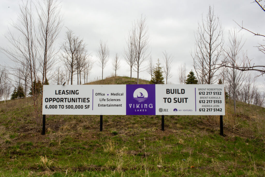 A sign advertises open space for lease on the sprawling Viking Lakes development Monday, May 2, 2022 in Eagan, Minnesota. Photo by Nicole Neri/Minnesota Reformer.