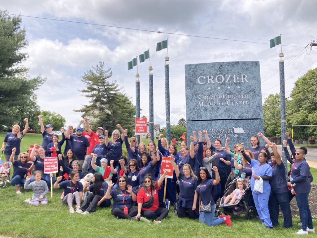 The Crozer-Chester Nurses Association and local lawmakers picket outside Crozer-Chester Medical Center in Upland, Pa., last May, to protest actions by the hospital’s owner, the for-profit chain Prospect Medical Holdings. Private equity firms have been buying up hospitals in recent years; cutbacks and closures sometimes follow. Courtesy of the Pennsylvania Association of Staff Nurses and Professionals