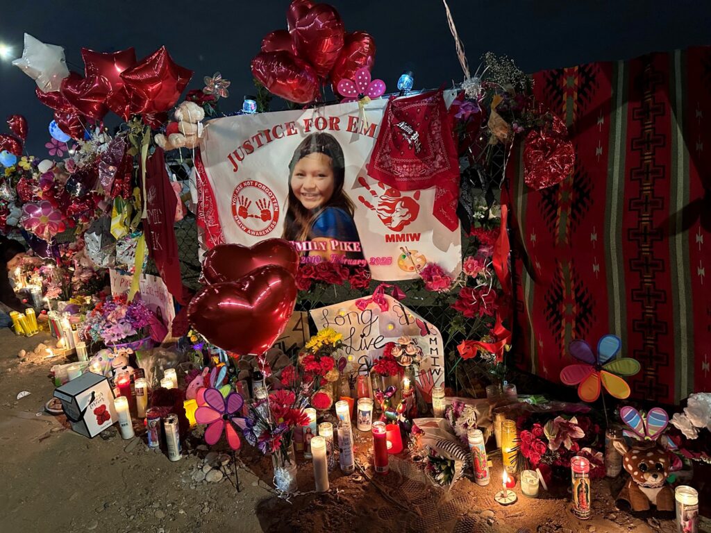A memorial honoring San Carlos Apache teen Emily Pike can be seen at the intersection of Mesa Drive and McKellips Road in Mesa, the location where she was last seen in January. Photo by Shondiin Silversmith | Arizona Mirror